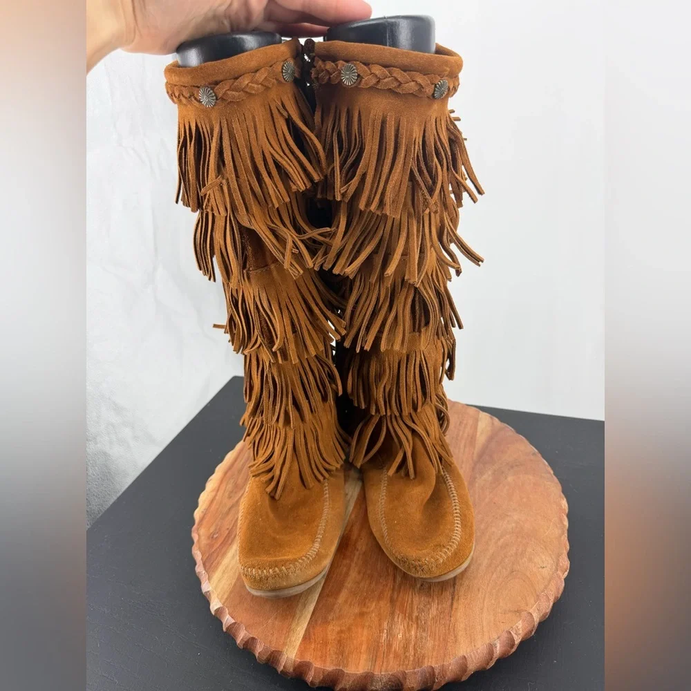 Minnetonka Tan Suede Fringe Over-the-Knee Boots